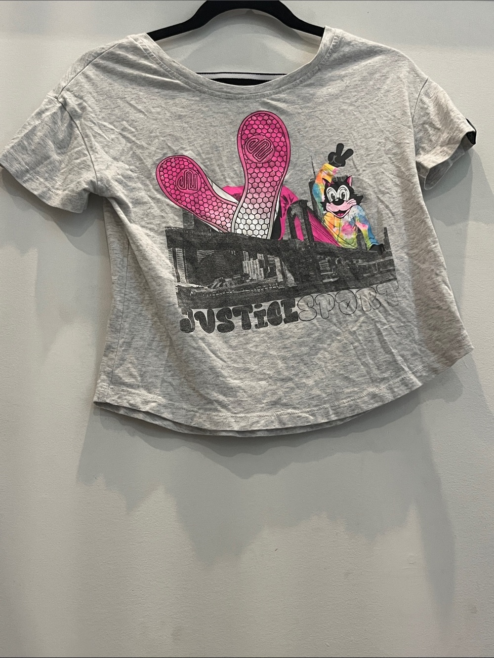 Justice Gray Tee with Pink Soles and Multicolor Character Print